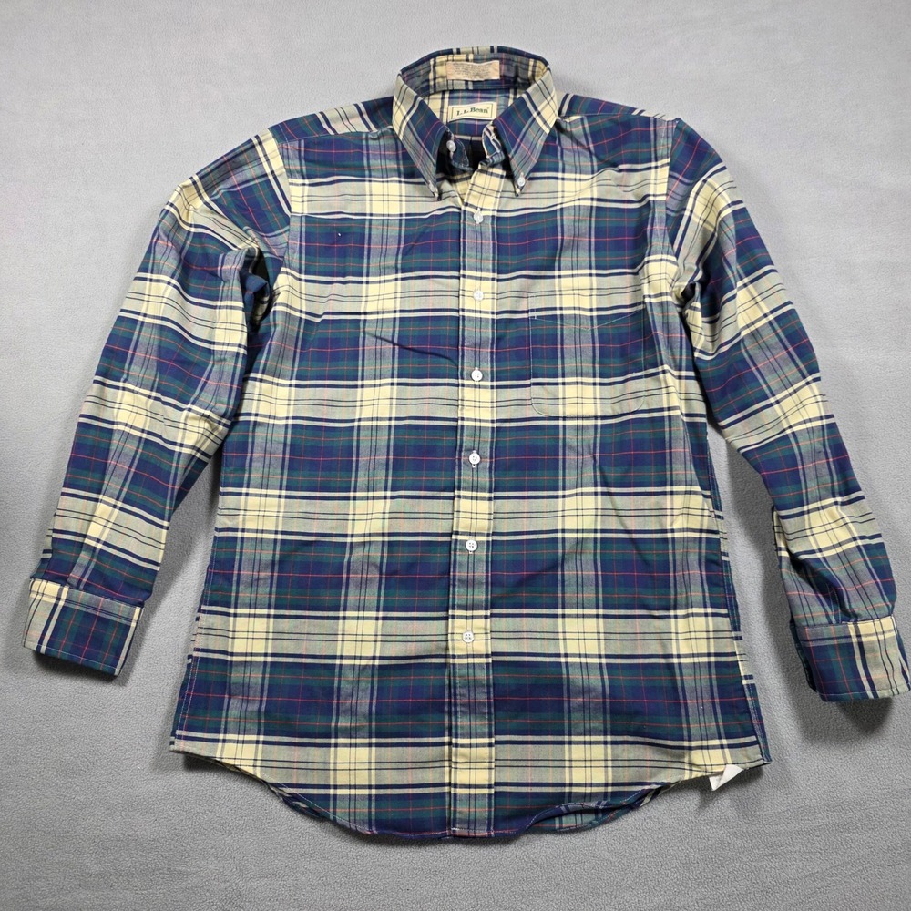 Vintage L.L. Bean Shirt Men 15-32 Blue Plaid Single Needle Tailoring